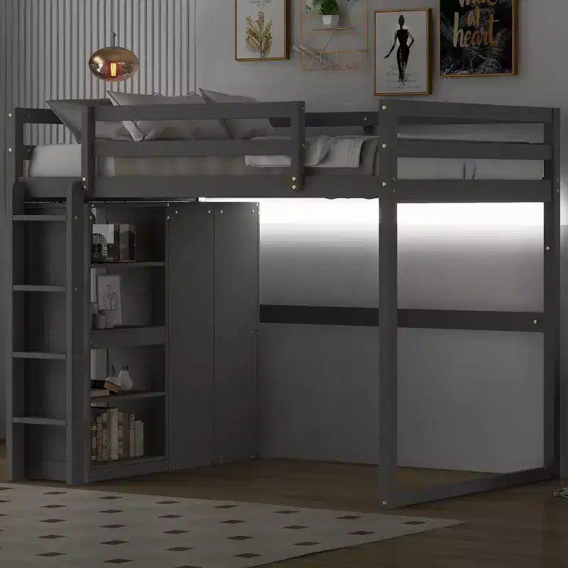 Lit mezzanine Whisen 79,5''L 57,0''l en bois, taille double, avec armoire intégrée, étagères de rangement et lumière LED