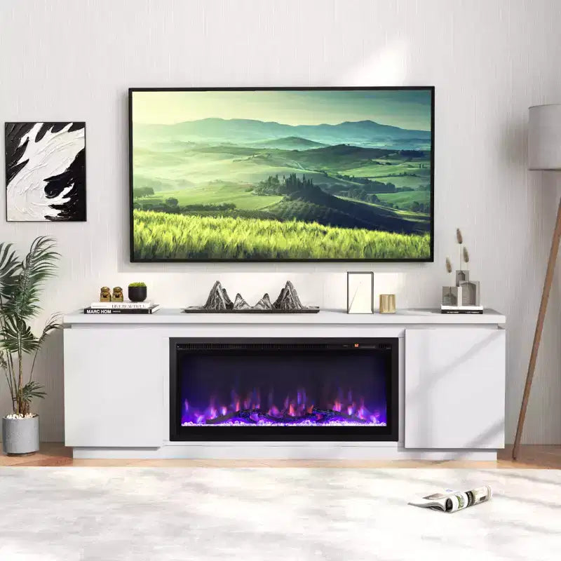 Meuble TV cheminée Costway pour téléviseurs jusqu'à 80 pouces avec cheminée électrique 3 étagères réglables Noir/Blanc