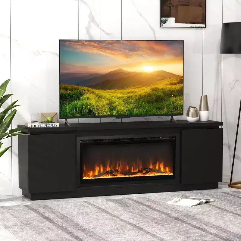 Meuble TV cheminée Costway pour téléviseurs jusqu'à 80 pouces avec cheminée électrique 3 étagères réglables Noir/Blanc