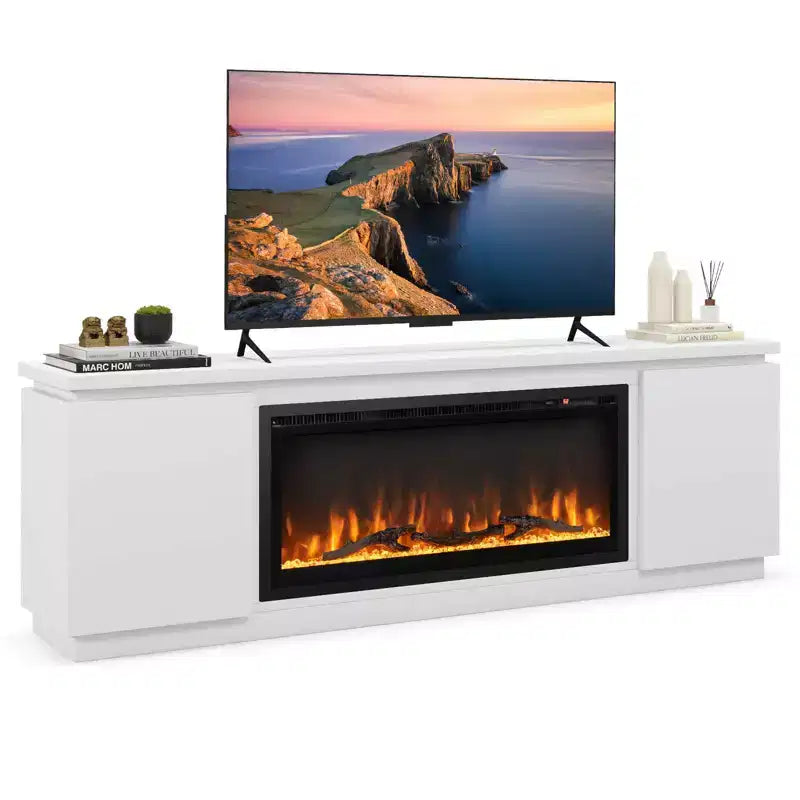 Meuble TV cheminée Costway pour téléviseurs jusqu'à 80 pouces avec cheminée électrique 3 étagères réglables Noir/Blanc