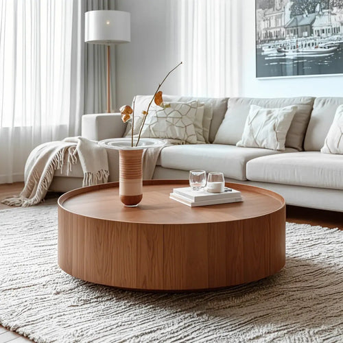 Table Basse Gigogne Ronde en Bois de Récupération avec 2 Tiroirs