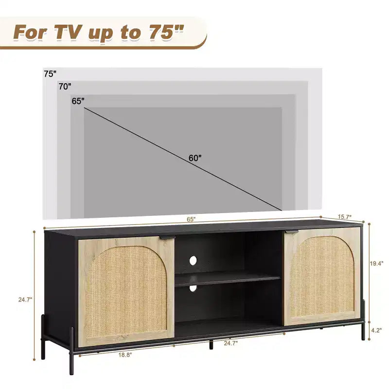 Meuble TV WhizMax en rotin pour téléviseur de 75 pouces, centre de divertissement avec rangement, table console TV de 65 pouces pour salon, chambre à coucher
