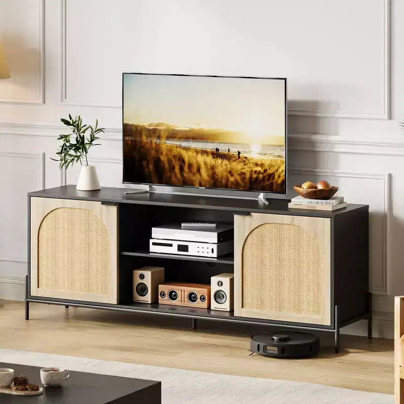 Meuble TV WhizMax en rotin pour téléviseur de 75 pouces, centre de divertissement avec rangement, table console TV de 65 pouces pour salon, chambre à coucher