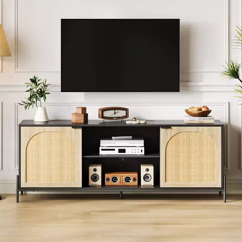 Meuble TV WhizMax en rotin pour téléviseur de 75 pouces, centre de divertissement avec rangement, table console TV de 65 pouces pour salon, chambre à coucher