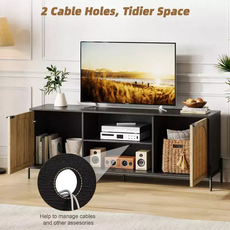 Meuble TV WhizMax en rotin pour téléviseur de 75 pouces, centre de divertissement avec rangement, table console TV de 65 pouces pour salon, chambre à coucher