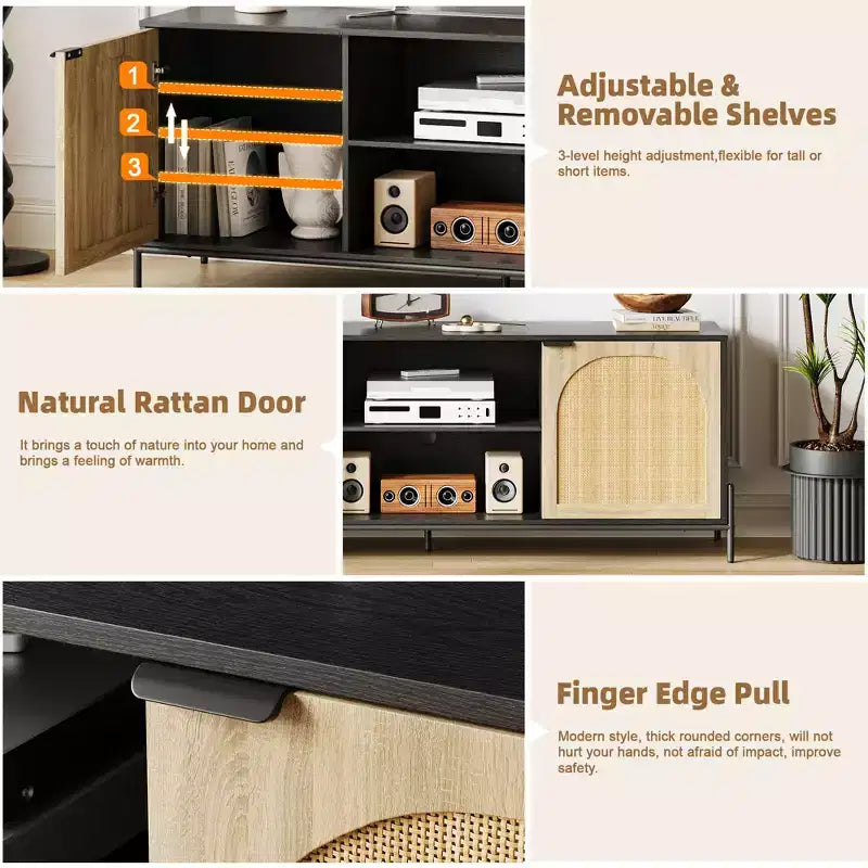 Meuble TV WhizMax en rotin pour téléviseur de 75 pouces, centre de divertissement avec rangement, table console TV de 65 pouces pour salon, chambre à coucher