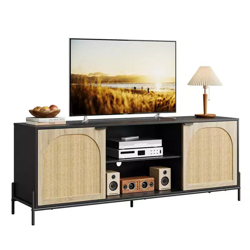 Meuble TV WhizMax en rotin pour téléviseur de 75 pouces, centre de divertissement avec rangement, table console TV de 65 pouces pour salon, chambre à coucher