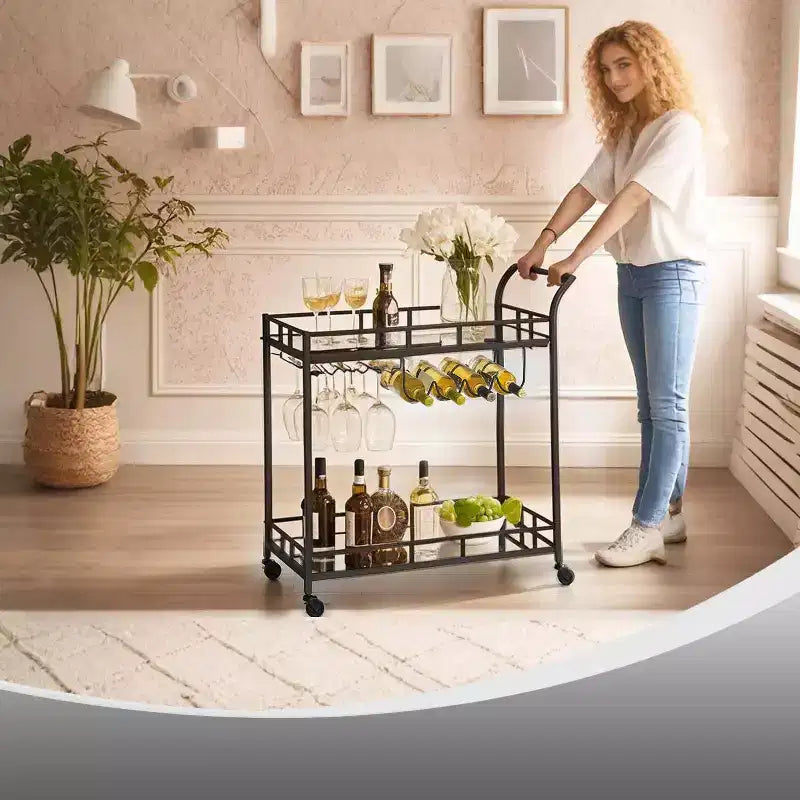 Chariot de bar LEDREM, desserte de bar à domicile, chariot à vin avec 2 étagères miroirs, porte-bouteilles, porte-verres, pour cuisine, salle à manger