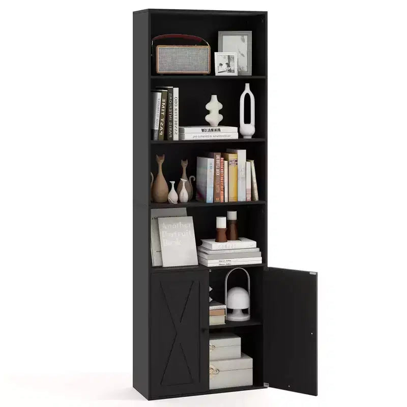 Costway Bibliothèque Ferme 71" avec Portes, 6 Étagères et Armoire 2 Portes pour Chambre Blanc/Noir