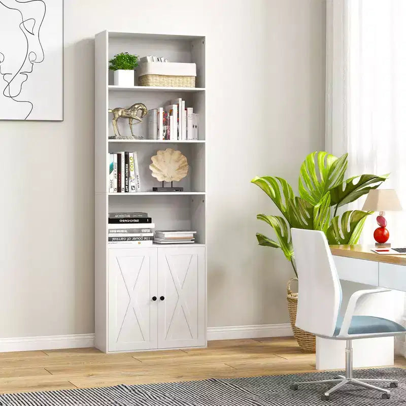 Costway Bibliothèque Ferme 71" avec Portes, 6 Étagères et Armoire 2 Portes pour Chambre Blanc/Noir