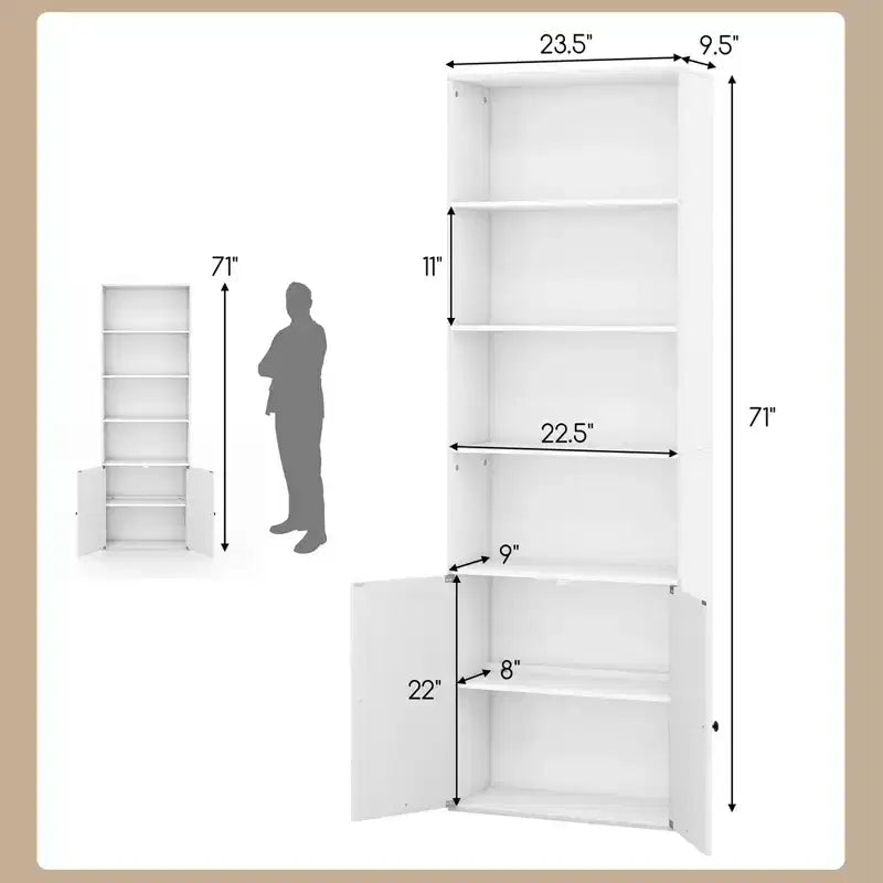 Costway Bibliothèque Ferme 71" avec Portes, 6 Étagères et Armoire 2 Portes pour Chambre Blanc/Noir