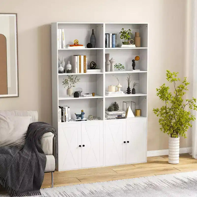 Costway Bibliothèque Ferme 71" avec Portes, 6 Étagères et Armoire 2 Portes pour Chambre Blanc/Noir