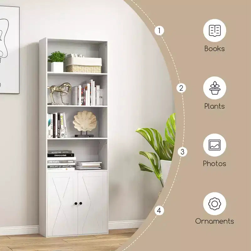 Costway Bibliothèque Ferme 71" avec Portes, 6 Étagères et Armoire 2 Portes pour Chambre Blanc/Noir