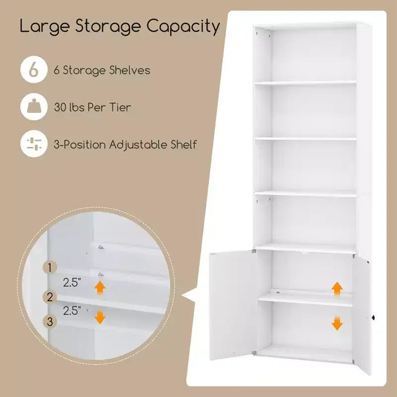 Costway Bibliothèque Ferme 71" avec Portes, 6 Étagères et Armoire 2 Portes pour Chambre Blanc/Noir