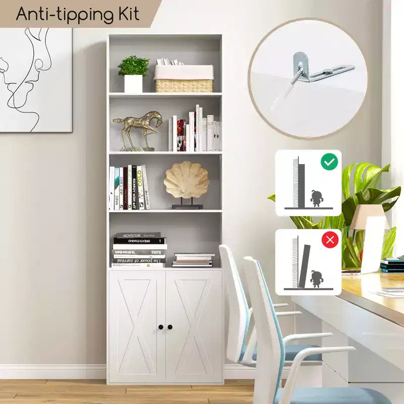 Costway Bibliothèque Ferme 71" avec Portes, 6 Étagères et Armoire 2 Portes pour Chambre Blanc/Noir