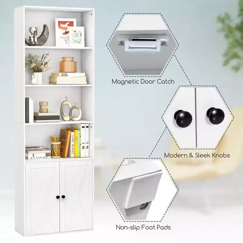 Costway Bibliothèque Ferme 71" avec Portes, 6 Étagères et Armoire 2 Portes pour Chambre Blanc/Noir