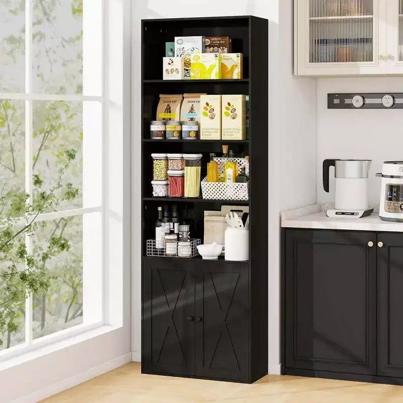 Costway Bibliothèque Ferme 71" avec Portes, 6 Étagères et Armoire 2 Portes pour Chambre Blanc/Noir