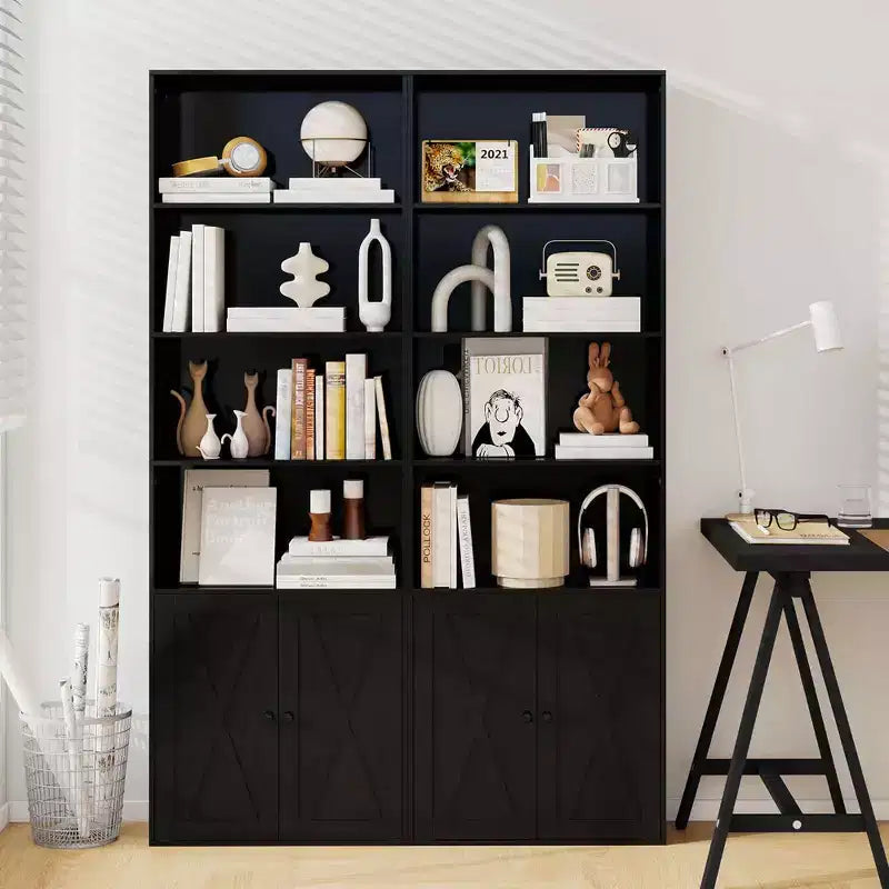 Costway Bibliothèque Ferme 71" avec Portes, 6 Étagères et Armoire 2 Portes pour Chambre Blanc/Noir
