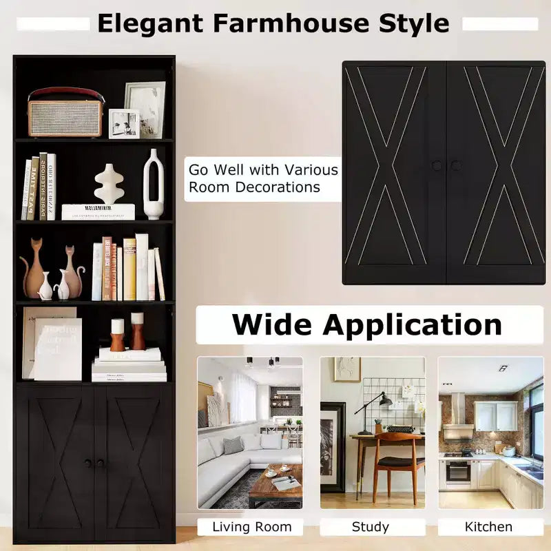 Costway Bibliothèque Ferme 71" avec Portes, 6 Étagères et Armoire 2 Portes pour Chambre Blanc/Noir