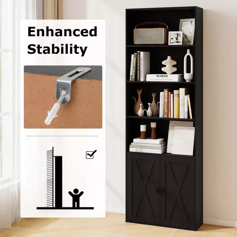 Costway Bibliothèque Ferme 71" avec Portes, 6 Étagères et Armoire 2 Portes pour Chambre Blanc/Noir