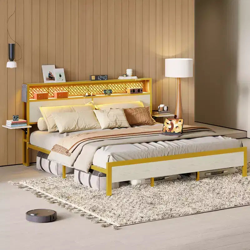 Bestier King Size Platform Bed Frame with Wood Foldable Bedside Shelves and LED Storage Headboard Charge Station