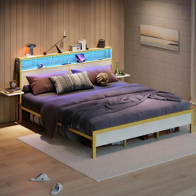 Cadre de lit plateforme King Size Bestier avec étagères de chevet pliables en bois et tête de lit de rangement LED avec station de charge