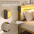 Cadre de lit plateforme King Size Bestier avec étagères de chevet pliables en bois et tête de lit de rangement LED avec station de charge