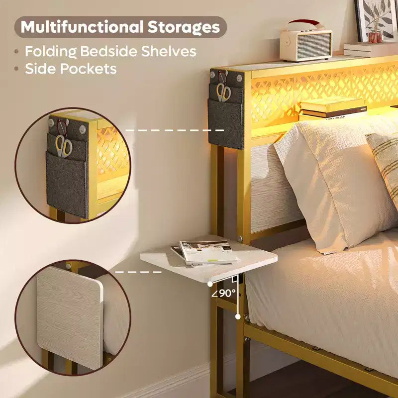 Cadre de lit plateforme King Size Bestier avec étagères de chevet pliables en bois et tête de lit de rangement LED avec station de charge