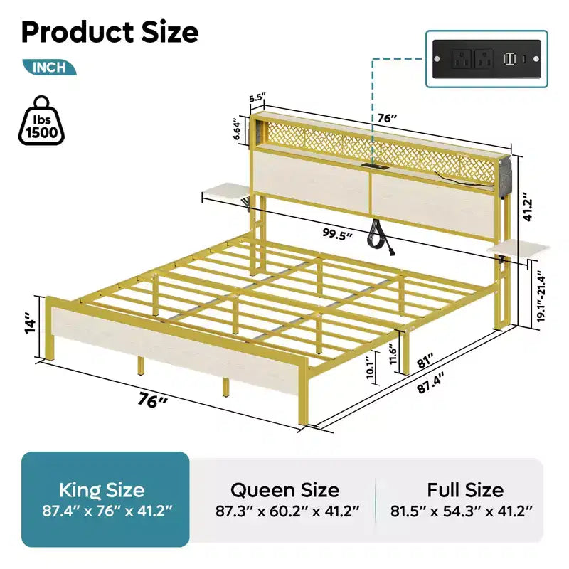 Cadre de lit plateforme King Size Bestier avec étagères de chevet pliables en bois et tête de lit de rangement LED avec station de charge