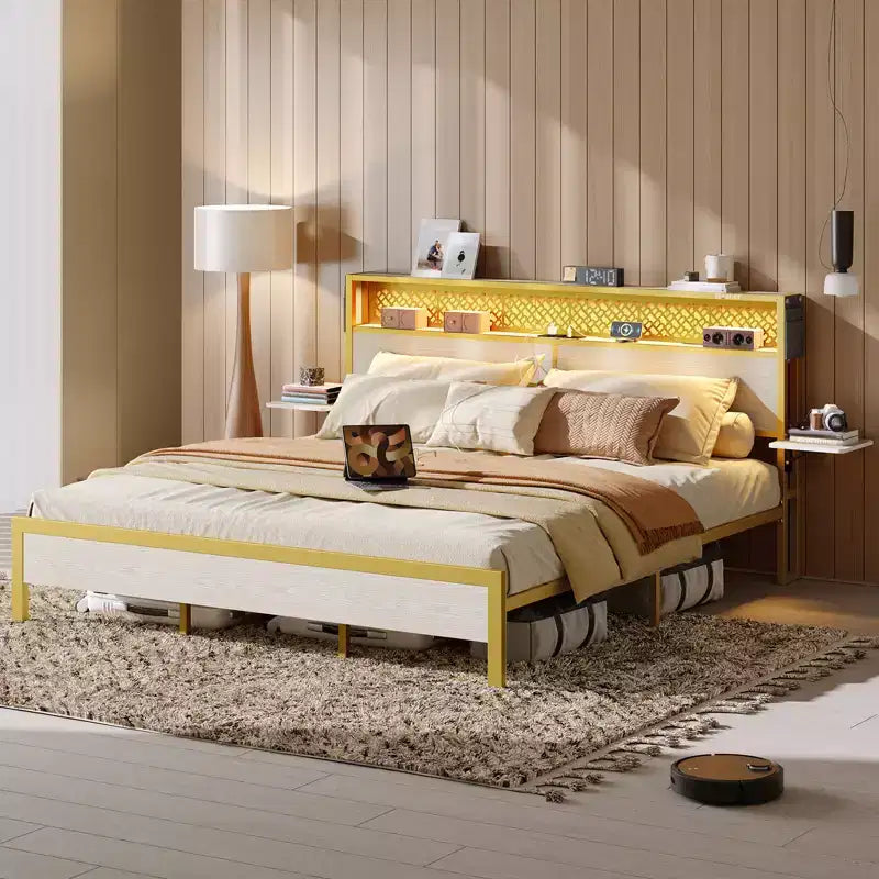 Cadre de lit plateforme King Size Bestier avec étagères de chevet pliables en bois et tête de lit de rangement LED avec station de charge
