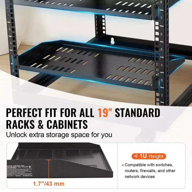VEVOR Lot de 2 étagères pour serveur 1U, profondeur 10/254 mm, capacité de charge maximale 22,7 kg, étagère de montage murale ou en porte-à-faux ventilée avec plateau
