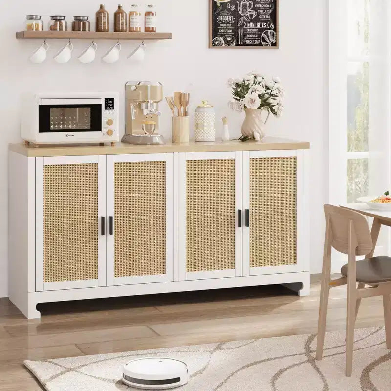 Rattan Storage Cabinet, Sideboard Buffet Cabinet with 4 Doors and Shelves, for Dining Room, Kitchen, Living Room and Entryway, Contrast Color