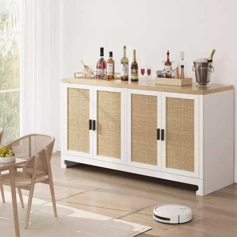 Meuble de rangement en rotin, Buffet avec 4 portes et étagères, pour salle à manger, cuisine, salon et entrée, couleur contrastante