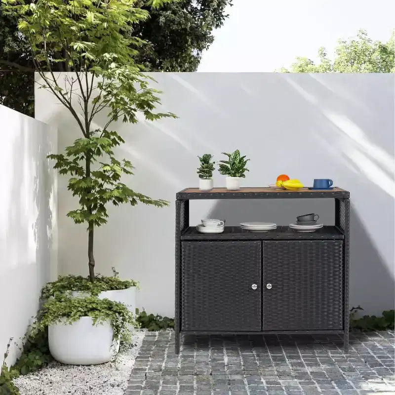 Armoire de rangement en rotin, Armoire d'extérieur pour patio, Desserte de bar d'extérieur avec 2 portes et étagères réglables