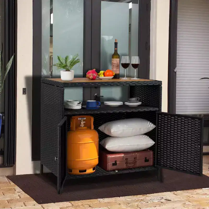 Armoire de rangement en rotin, Armoire d'extérieur pour patio, Desserte de bar d'extérieur avec 2 portes et étagères réglables