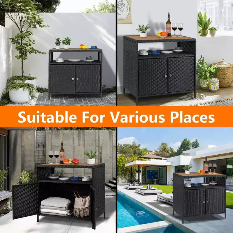Armoire de rangement en rotin, Armoire d'extérieur pour patio, Desserte de bar d'extérieur avec 2 portes et étagères réglables