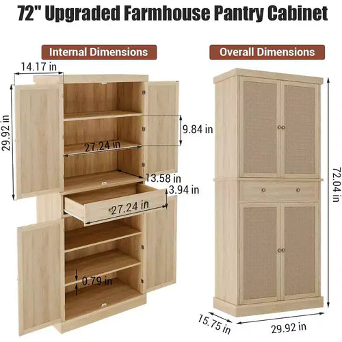 Meuble de cuisine autoportant de 183 cm de haut avec 4 portes à panneaux tissés, style rustique, pour cuisine, salle à manger