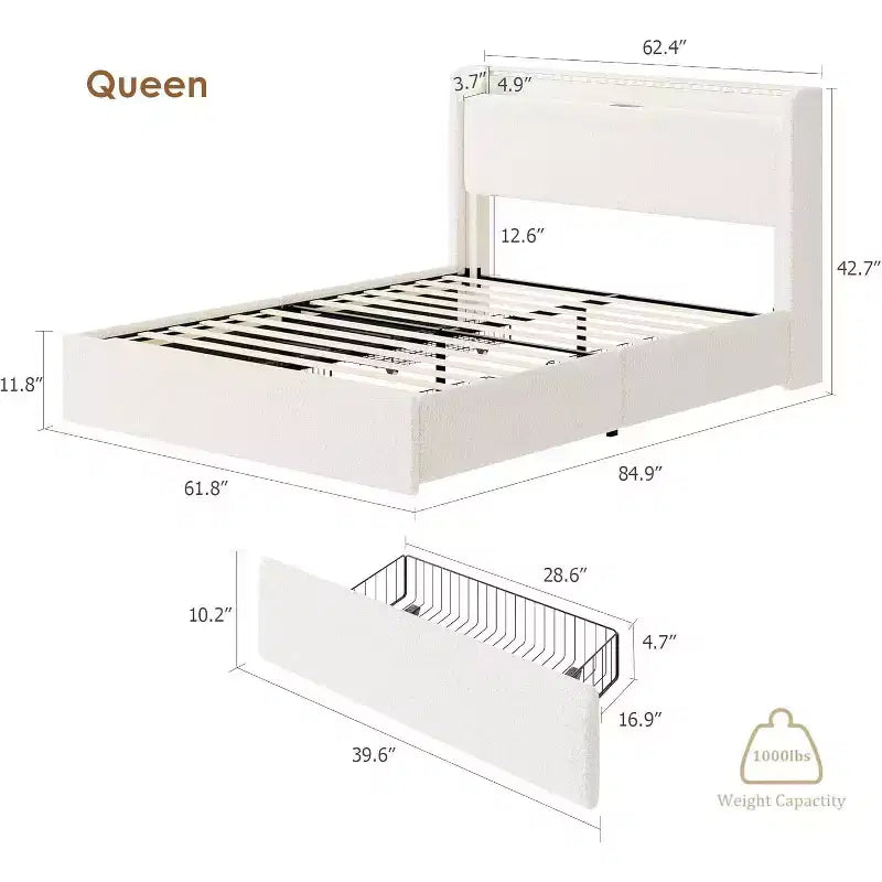 Lit double en bouclette avec tête de lit de rangement, station de charge et lumières LED, aucun sommier tapissier nécessaire, 4 tiroirs de rangement