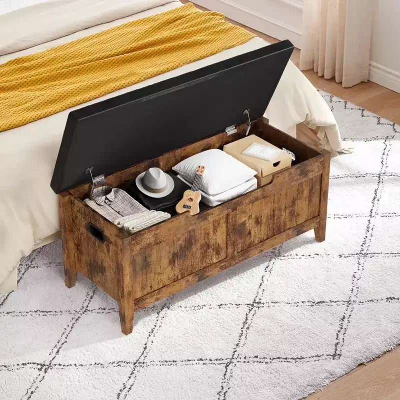 TROPOW Coffre de rangement, Banc de rangement avec coussin d'assise, 2 charnières de sécurité, Banc à chaussures, Organisateur de rangement en bois, Montage facile