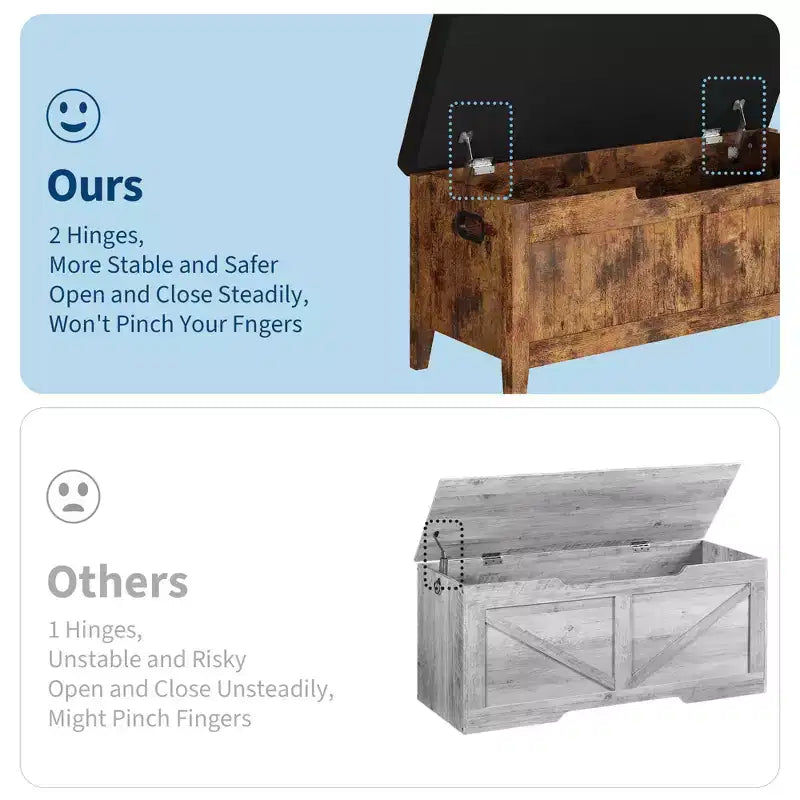 TROPOW Coffre de rangement, Banc de rangement avec coussin d'assise, 2 charnières de sécurité, Banc à chaussures, Organisateur de rangement en bois, Montage facile