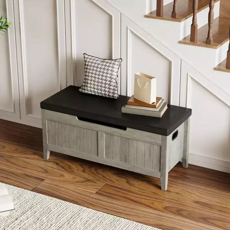 TROPOW Coffre de rangement, Banc de rangement avec coussin d'assise, 2 charnières de sécurité, Banc à chaussures, Organisateur de rangement en bois, Montage facile