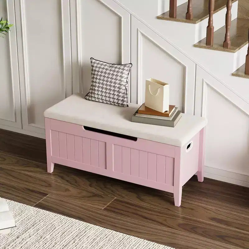TROPOW Coffre de rangement, Banc de rangement avec coussin d'assise, 2 charnières de sécurité, Banc à chaussures, Organisateur de rangement en bois, Montage facile