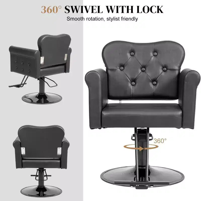 Fauteuil de salon de coiffure pivotant hydraulique robuste Karl Home Black Gold avec capitonnage à boutons