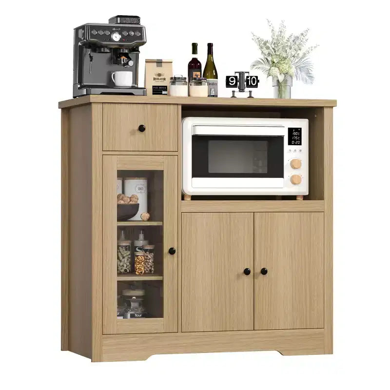 Meuble Micro-ondes de Cuisine avec Rangement, Buffet avec 3 Portes, 1 Tiroir et Étagères Réglables, Meuble de Rangement pour Cellier, Naturel ?