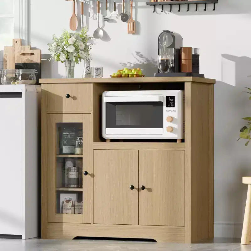 Meuble Micro-ondes de Cuisine avec Rangement, Buffet avec 3 Portes, 1 Tiroir et Étagères Réglables, Meuble de Rangement pour Cellier, Naturel ?