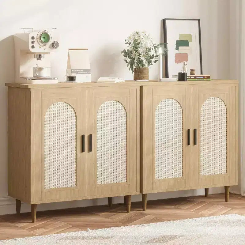 Bahut de rangement de cuisine avec rotin, pieds en bois massif pour salon, couloir