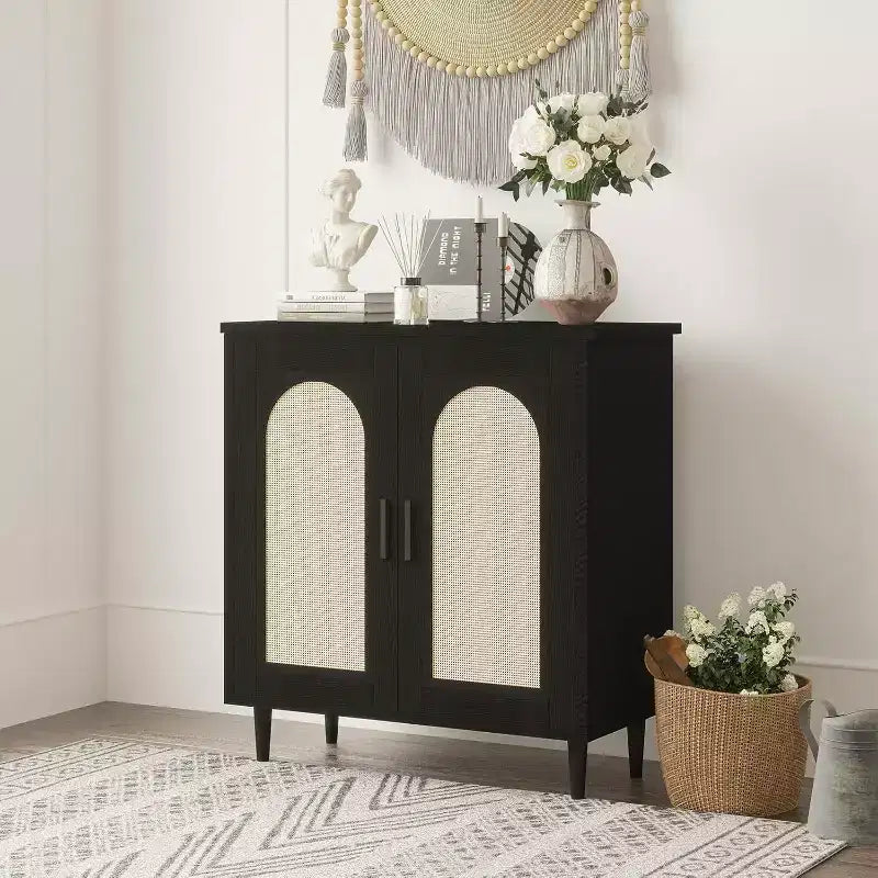 Bahut de rangement de cuisine avec rotin, pieds en bois massif pour salon, couloir