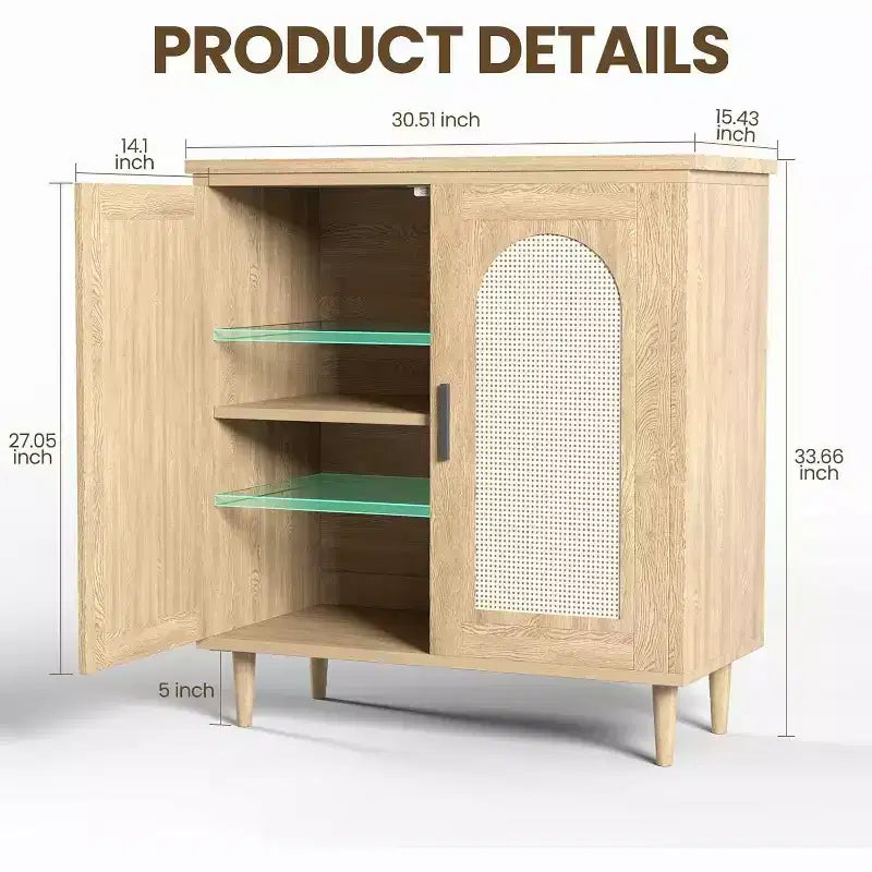 Bahut de rangement de cuisine avec rotin, pieds en bois massif pour salon, couloir