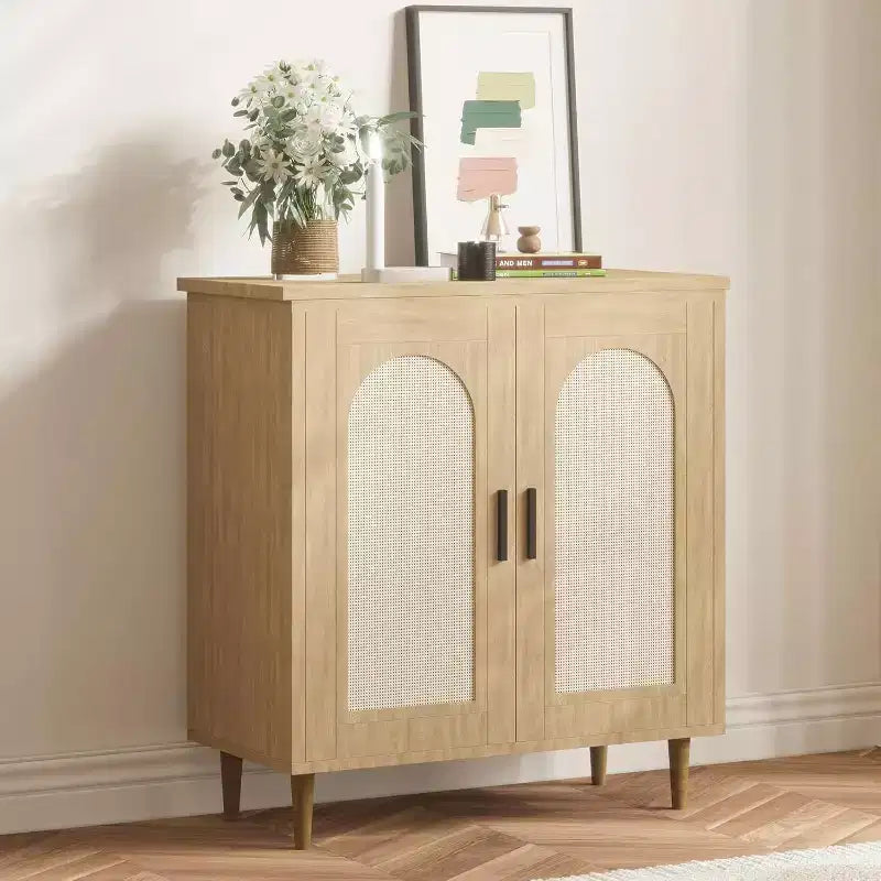 Bahut de rangement de cuisine avec rotin, pieds en bois massif pour salon, couloir