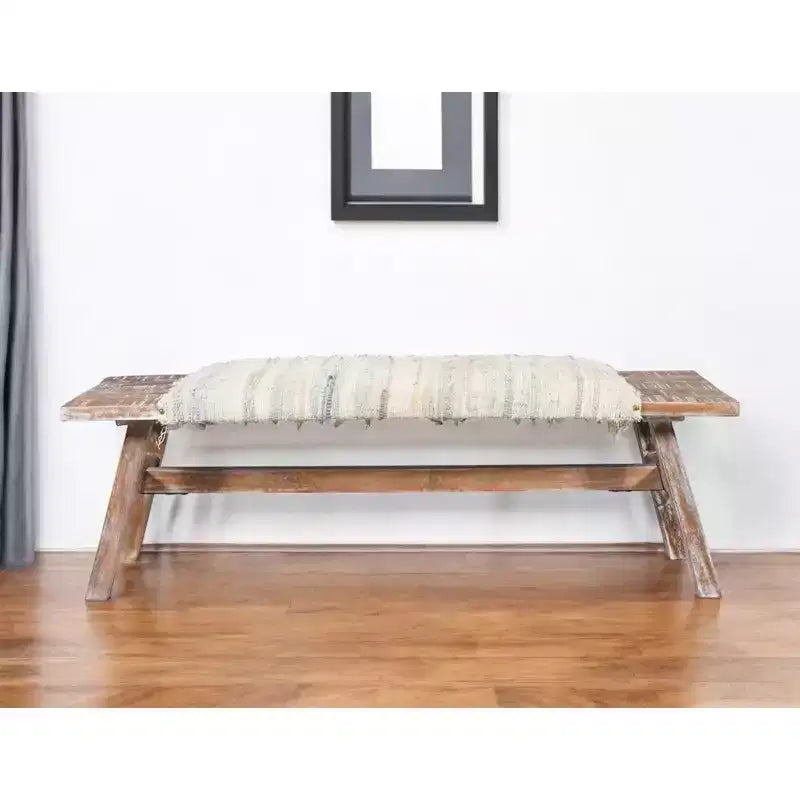 HomeRoots Banc rayé rembourré en coton blanc et marron 50